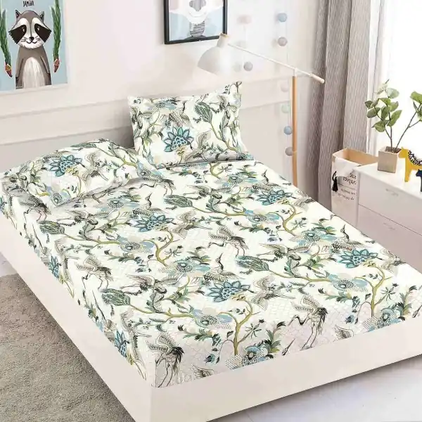 Cel mai bun preț Husa de pat cu elastic si 2 fete de perna, tesatura tip finet, pat 2 persoane, crem / verde, HBF-295