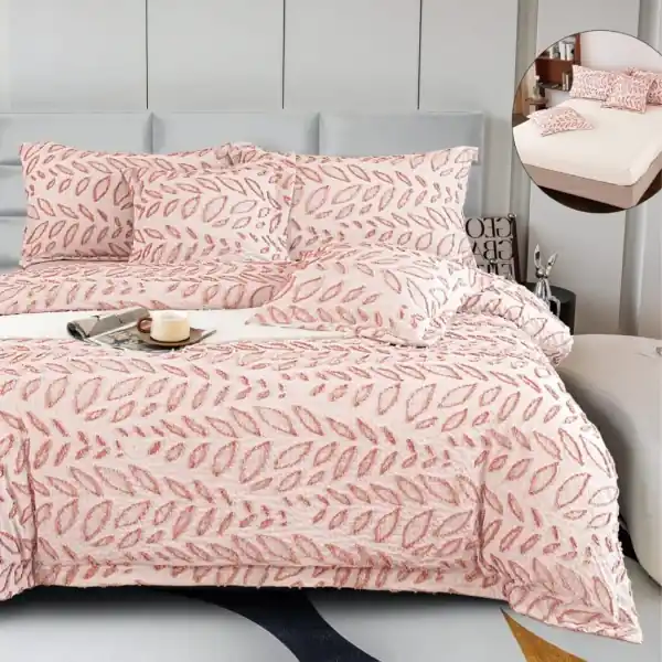 Lenjerie de pat cu elastic, model grofat, policoton, pat 2 persoane, 6 piese, roz, LGBP-13 Cumpără acum