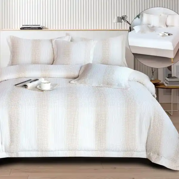 Cumpărături sigure Lenjerie de pat cu elastic, model grofat, policoton, pat 2 persoane, 6 piese, alb / bej, LGBP-14
