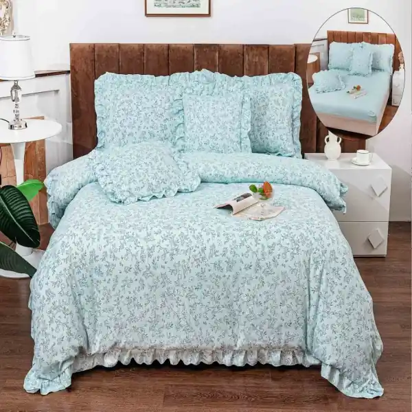 Lenjerie de pat cu volanase, policoton, pat 2 persoane, 6 piese, turquoise, LBVP-05 Livrare expres