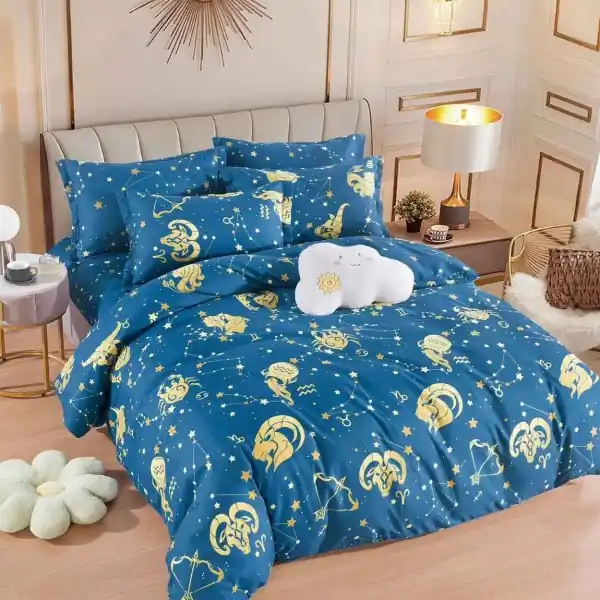 Lenjerie de pat cu 2 fete, tesatura tip finet, pat 2 persoane, 6 piese, albastru, FNJ-447 Reducere specială