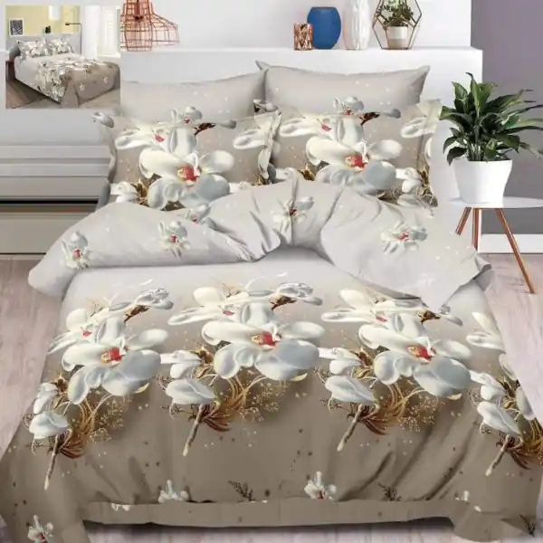 Set Lenjerie de pat, imprimeu 3D floral, pentru pat 2 persoane, 6 piese, gri / alb, B60-03 Disponibil imediat
