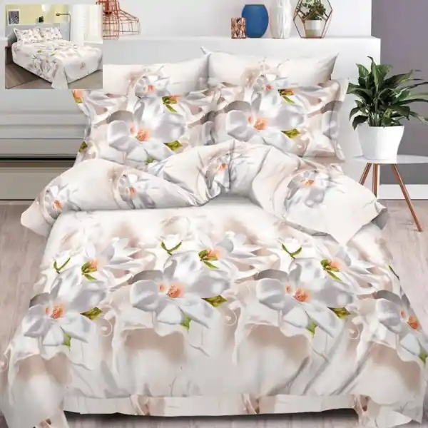 Set Lenjerie de pat, imprimeu 3D floral, pentru pat 2 persoane, 6 piese, alb, B60-04 Chilipir