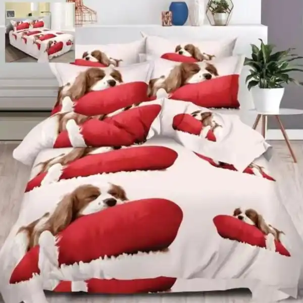 Ultima șansă Set Lenjerie de pat, imprimeu 3D cu animale, pentru pat 2 persoane, 6 piese, rosu, B60-06