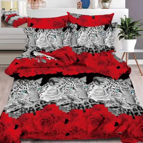 Set Lenjerie de pat, imprimeu 3D cu animale, pentru pat 2 persoane, 6 piese, gri / rosu, B60-11 Noutate