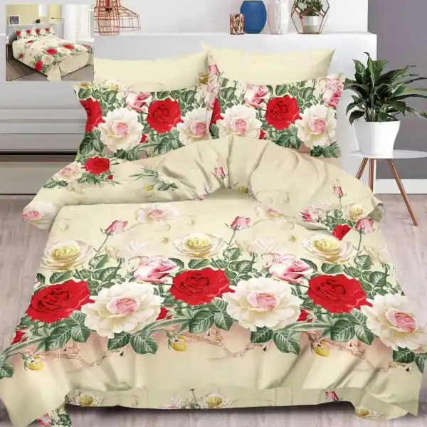Set Lenjerie de pat, imprimeu 3D floral, pentru pat 2 persoane, 6 piese, rosu / crem, B60-12 Comandă acum