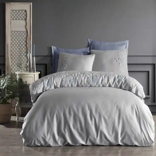 Dantela Vita, Lenjerie de pat 2 persoane, cu broderie, bumbac satinat, 6 piese, gri, Alya Reducere