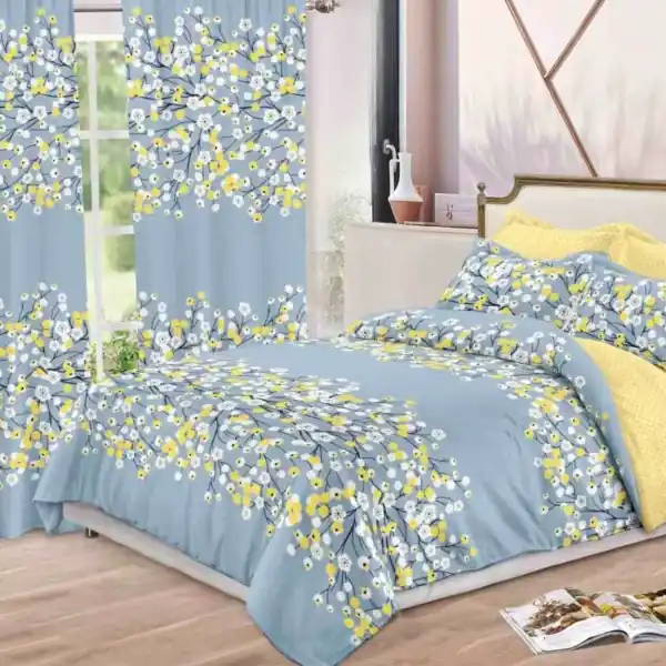 Set Lenjerie de Pat cu Elastic si Draperii, 8 Piese, Tesatura Tip Finet, Pat 2 Persoane, Imprimeu Floral, Galben/Albastru Deschis, S-05 Chilipir