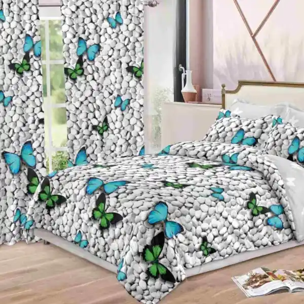 Set Lenjerie de Pat cu Elastic si Draperii, 8 Piese, Tesatura Tip Finet, Pat 2 Persoane, Imprimeu Fluturi, Alb/Gri, S-14 Comandă acum