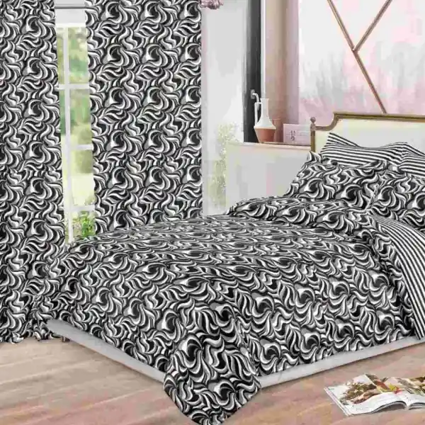 Set Lenjerie de Pat cu Elastic si Draperii, 8 Piese, Tesatura Tip Finet, Pat 2 Persoane, Imprimeu Abstract, Alb/Negru, S-15 Plată sigură