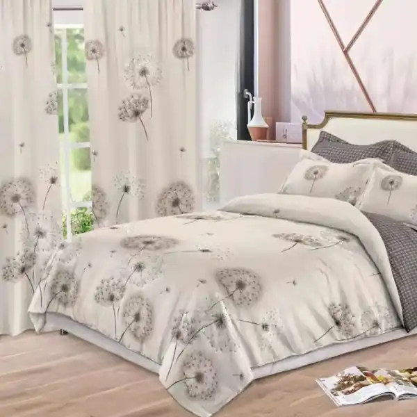 Cumpărături sigure Set Lenjerie de Pat cu Elastic si Draperii, 8 Piese, Tesatura Tip Finet, Pat 2 Persoane, Imprimeu Floral, Grej, S-19