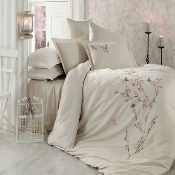 Dantela Vita, Lenjerie de pat 2 persoane, cu broderie, bumbac satinat, 6 piese, bej, Butterfly Comandă acum