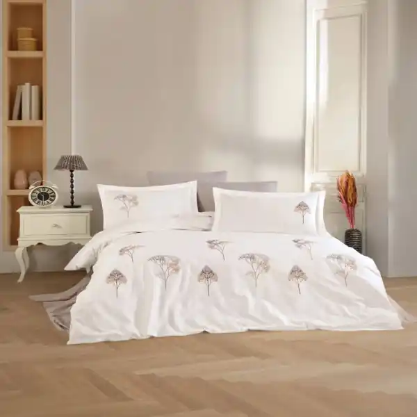 Dantela Vita, lenjerie de pat 2 persoane, cu broderie, bumbac poplin, 6 piese, crem, Jovia Reducere specială