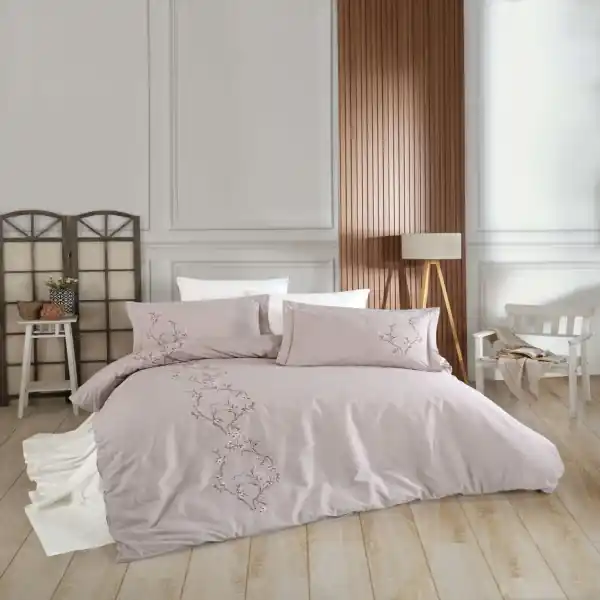 Dantela Vita, lenjerie de pat 2 persoane, cu broderie, bumbac poplin, 6 piese, bej, Lia Livrare rapidă