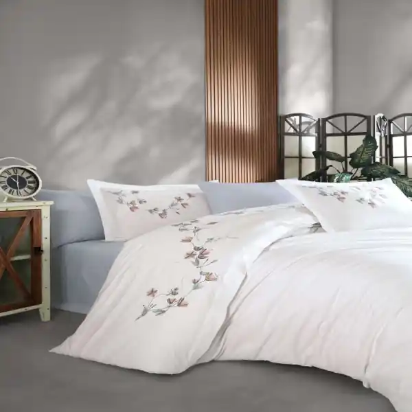 Dantela Vita, lenjerie de pat 2 persoane, cu broderie, bumbac poplin, 6 piese, alb/bleu, Carmen Reducere specială