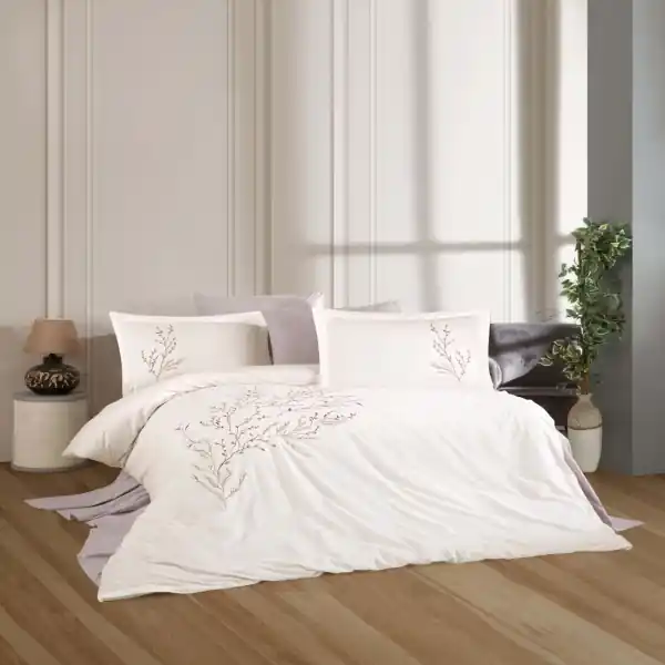 Dantela Vita, lenjerie de pat 2 persoane, cu broderie, bumbac poplin, 6 piese, crem, Soul Reducere de preț