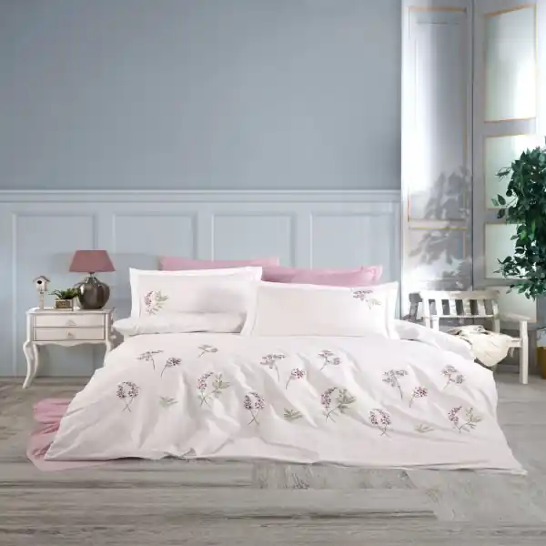 Reducere extra Dantela Vita, lenjerie de pat 2 persoane, cu broderie, bumbac poplin, 6 piese, alb/roz, Jesse