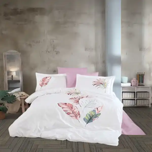 Dantela Vita, lenjerie de pat 2 persoane, cu broderie, bumbac poplin, 6 piese, alb/roz, Owen Livrare rapidă