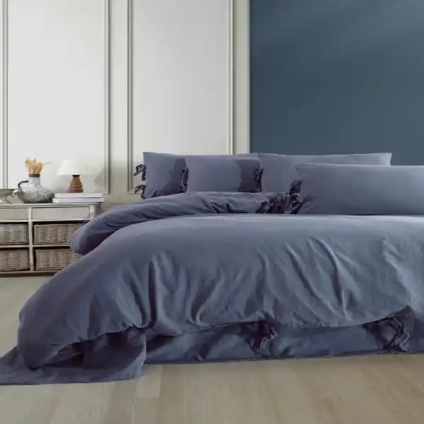 Dantela Vita, lenjerie de pat 2 persoane, bumbac tip muselina, 6 piese, bleumarin, Garcia Ofertă limitată