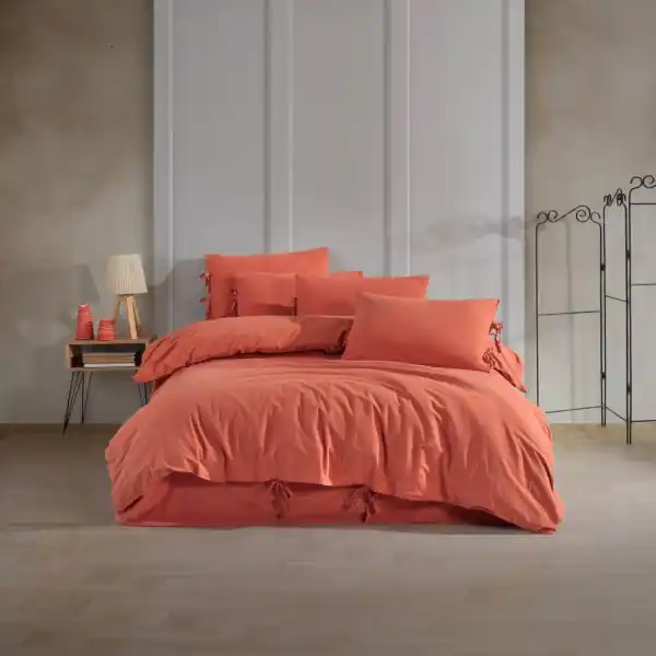 Dantela Vita, lenjerie de pat 2 persoane, bumbac tip muselina, 6 piese, caramiziu, Garcia Ofertă specială