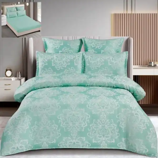 Set lenjerie de pat cu elastic, bumbac tip jacquard, 6 piese, pat 2 persoane, turquoise, T3-01 Reducere de preț