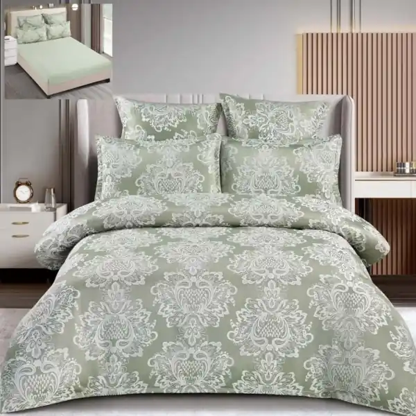 Set lenjerie de pat cu elastic, bumbac tip jacquard, 6 piese, pat 2 persoane, verde salvie, T3-06 Livrare expres