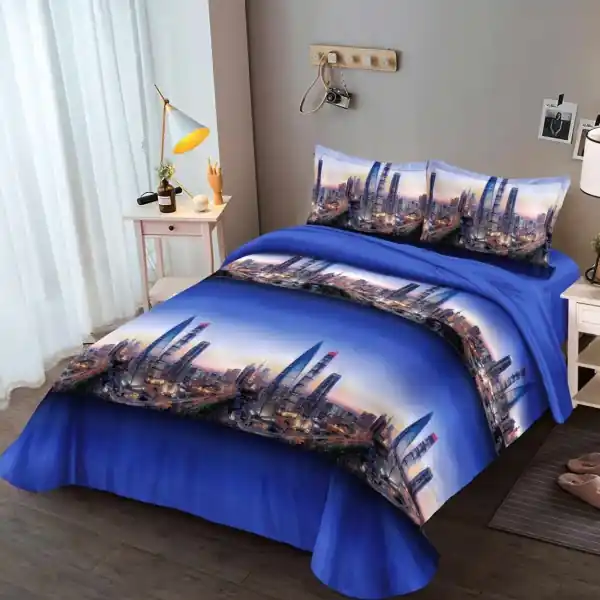 Lenjerie de pat cu imprimeu 3D, pat 2 persoane, 4 piese, albastru, B-525 Ofertă exclusivă
