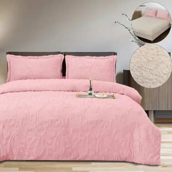 Set lenjerie de pat Cocolino imblanita, cu elastic, model grofat, 4 piese, pat 2 persoane, roz, LCP-72 Nu rata