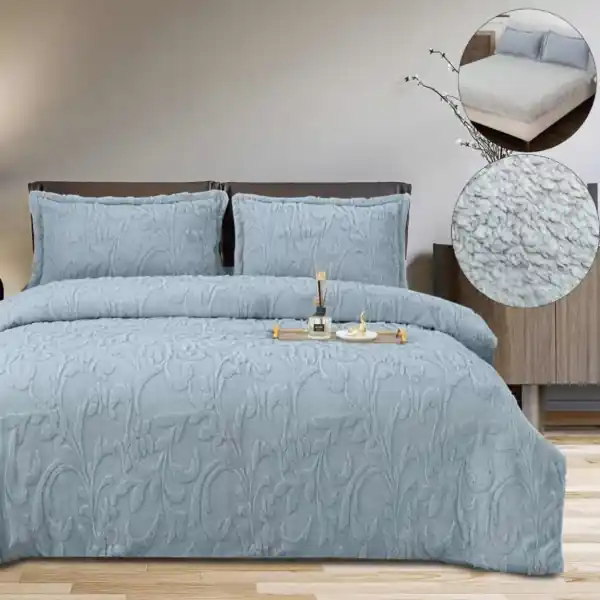Calitate înaltă Set lenjerie de pat Cocolino imblanita, cu elastic, model grofat, 4 piese, pat 2 persoane, albastru, LCP-73