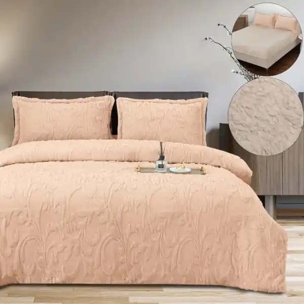 Set lenjerie de pat Cocolino imblanita, cu elastic, model grofat, 4 piese, pat 2 persoane, roz piersica, LCP-75 Popular