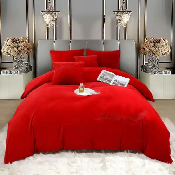 Ofertă specială Set lenjerie de pat cu broderie, blanita de iepure cu fir scurt, pat 2 persoane, 6 piese, rosu, LBB-03