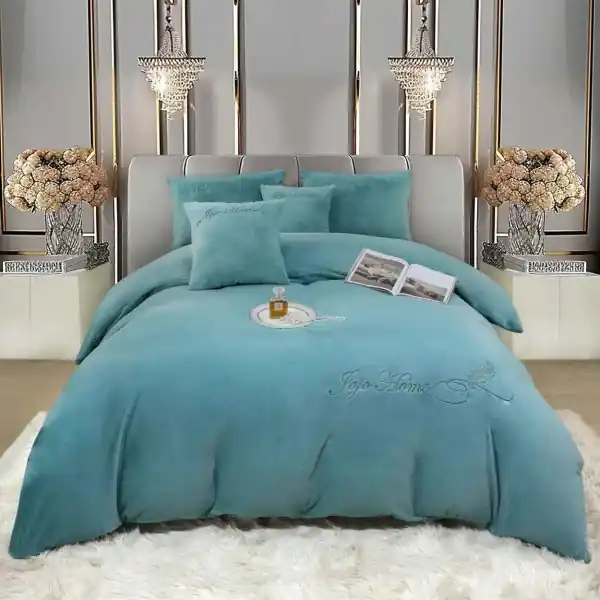 Plată sigură Set lenjerie de pat cu broderie, blanita de iepure cu fir scurt, pat 2 persoane, 6 piese, turquoise, LBB-07