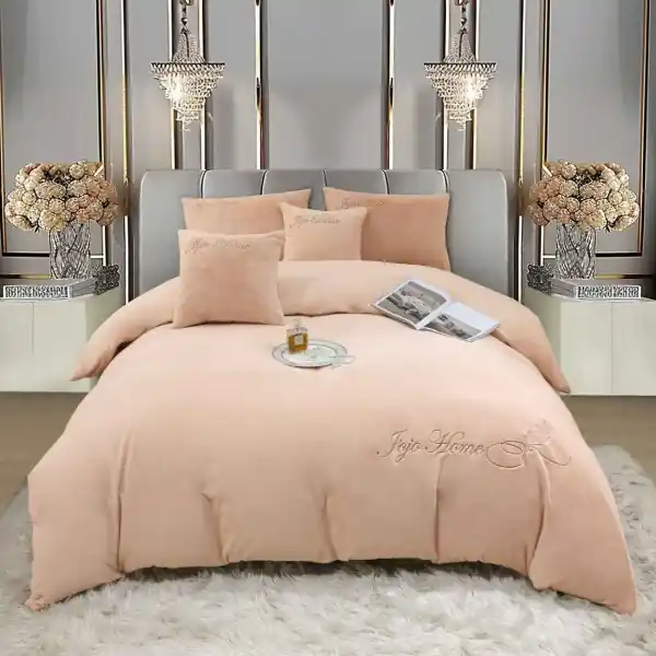 Set lenjerie de pat cu broderie, blanita de iepure cu fir scurt, pat 2 persoane, 6 piese, roz pudra, LBB-10 Retur ușor