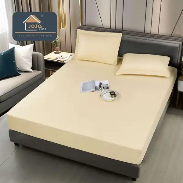 Cumpără acum Husa de pat cu elastic si 2 fete de perna, policoton impermeabil, pat 2 persoane, crem, HIJ-03