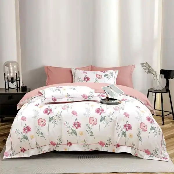 Lenjerie de pat lux cu elastic si broderie, tesatura tip finet gros, pat 2 persoane, 6 piese, alb / roz pal, LFG-04 Preț promoțional