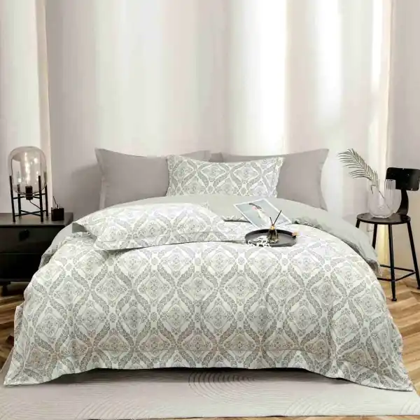 Lenjerie de pat lux cu elastic si broderie, tesatura tip finet gros, pat 2 persoane, 6 piese, gri, LFG-07 Calitate înaltă