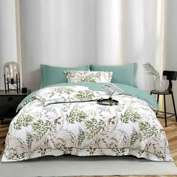 Reducere specială Lenjerie de pat lux cu elastic si broderie, tesatura tip finet gros, pat 2 persoane, 6 piese, alb / verde, LFG-08