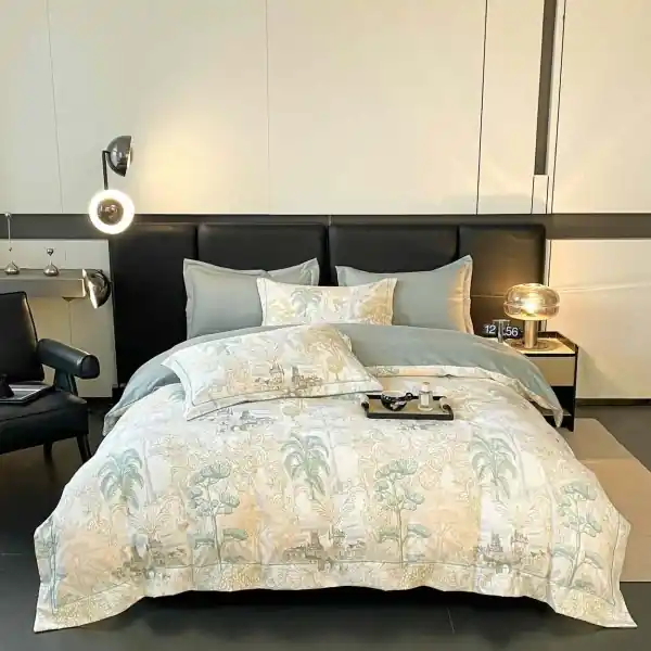 Lenjerie de pat lux cu elastic si broderie, tesatura tip finet gros, pat 2 persoane, 6 piese, verde salvie / bej, LFG-10 Nu rata