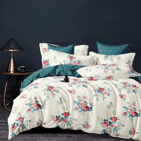 Lenjerie de pat cu 2 fete, tesatura tip finet, pat 2 persoane, 6 piese, crem / turquoise, FNJ-471 Preț mic