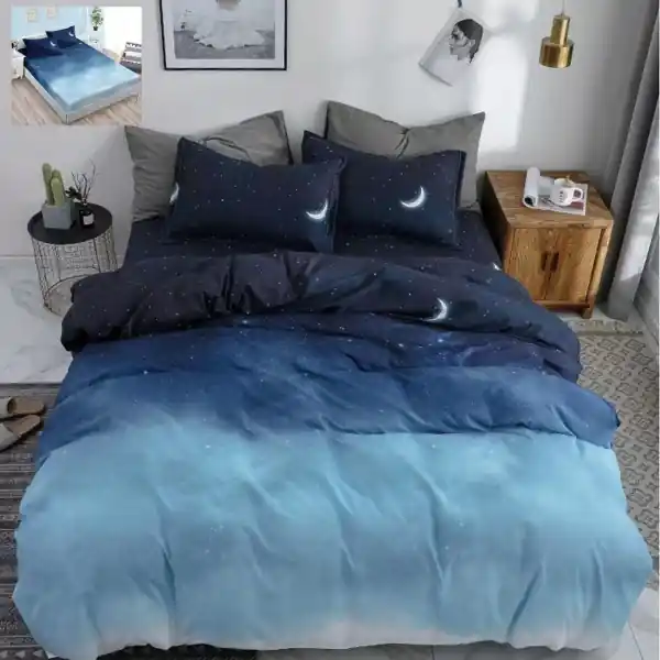 Calitate înaltă Lenjerie de pat cu elastic, policoton, pat 2 persoane, 4 piese, albastru, E-100