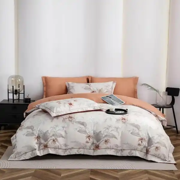 Lenjerie de pat lux cu elastic si broderie, tesatura tip finet gros, pat 2 persoane, 6 piese, crem / portocaliu, LFG-16 Nu rata