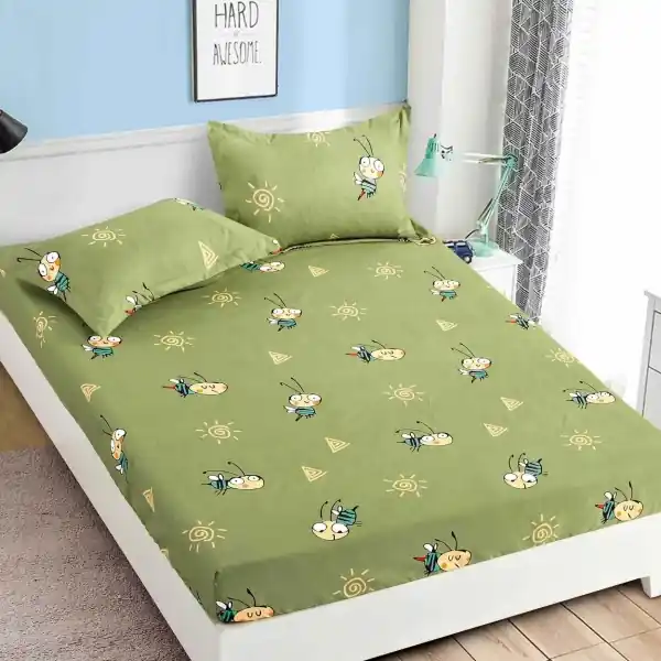 Husa de pat cu elastic si 2 fete de perna, tesatura tip finet, pat 1 persoana, verde olive, HBF1-13 Preț redus
