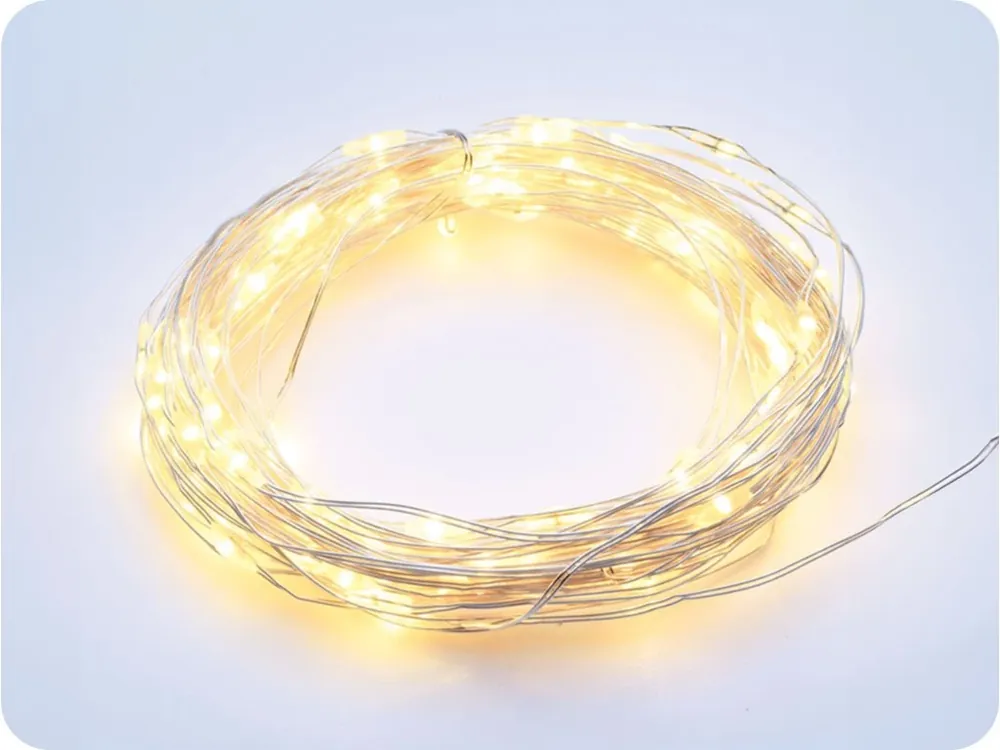 Lanț decorativ LED argintiu cu cronometru 10m, 100LED, 3xAA, IP44 Cumpără acum