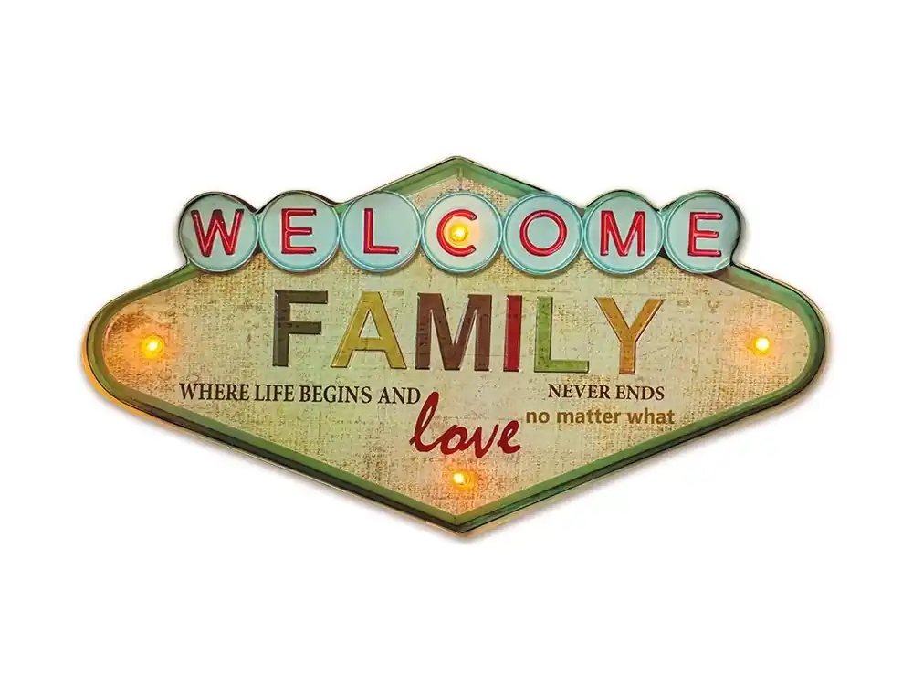 Semn metal retro Forever Light LED Welcome Family [RTV100463] Calitate înaltă