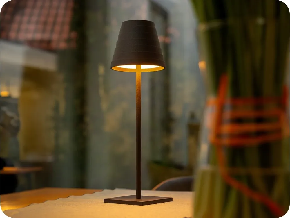 Plată sigură LED LAMPĂ DE MASĂ FIZZI 2,5W, 200LM, 4000MAH, 5V, DIMMABLE, 4000K, IP54, NEGRU [LD-FIZZI-10-DEC]
