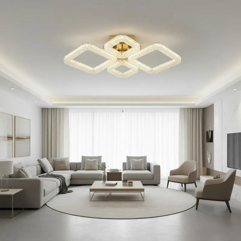 Retur ușor Lustra LED RENATO Eleganza cu telecomanda si cristal, 73W, 4 Patrate, Lumina Rece/Calda/Neutra, Dimabila, Auriu