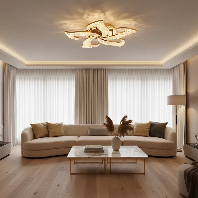 Lustra LED HALESA Magno cu telecomanda si cristal, 66W, 5 Surse, Lumina Rece/Calda/Neutra, Dimabila, Auriu Retur gratuit