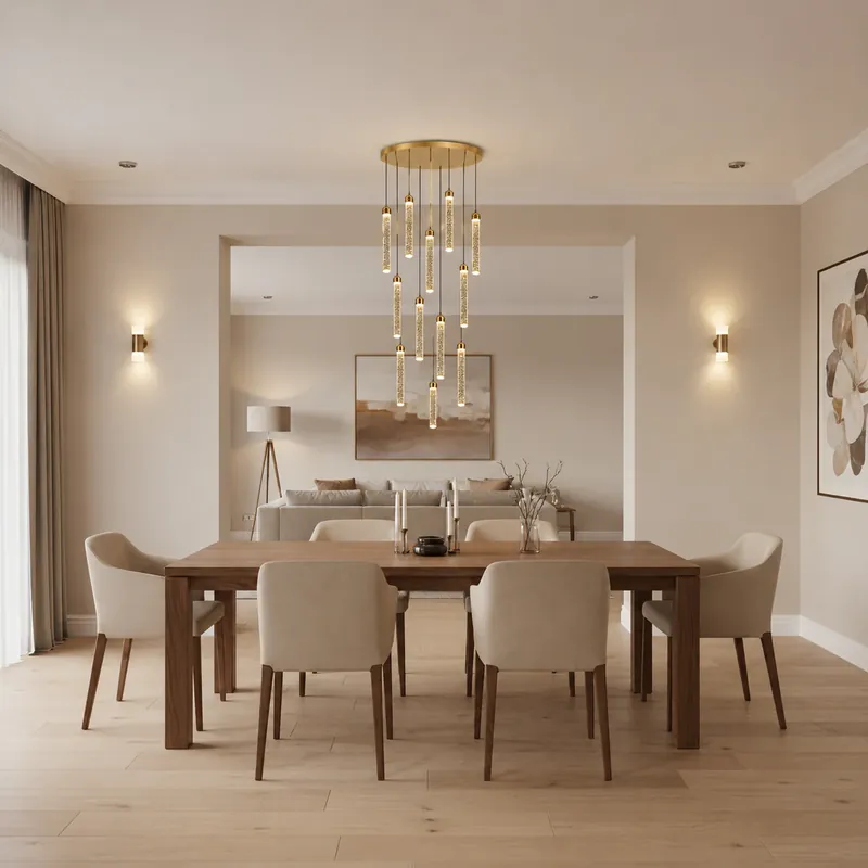 Reducere specială Candelabru Cristal LAGOM LED cu Telecomanda, Suspendat, 12 Surse, 36W, Diametru 40cm, Lumina Calda / Neutra / Rece, Inaltime Reglabila, Auriu, Metal si Cristal