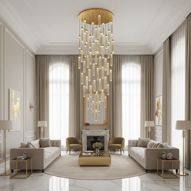 Comandă acum Candelabru Cristal LAGOM LED cu Telecomanda, Suspendat, 51 Surse, 153W, Lumina Calda/Neutra/Rece, Diametru 100cm, Inaltime Reglabila, Auriu, Metal si Cristal