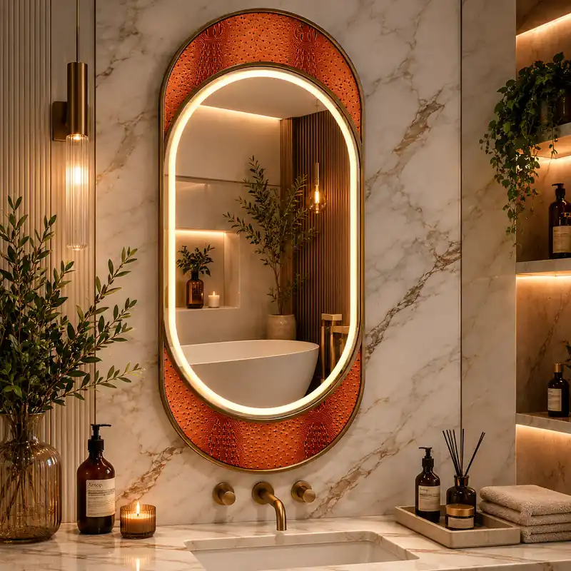 Livrare rapidă Oglinda LED NORILSK, 55x110cm, Auriu Lucios, Senzor, Lumina 3000K, 4000K, 6000K, Sistem Dezaburire, Metal, Functii Ceas si Temperatura